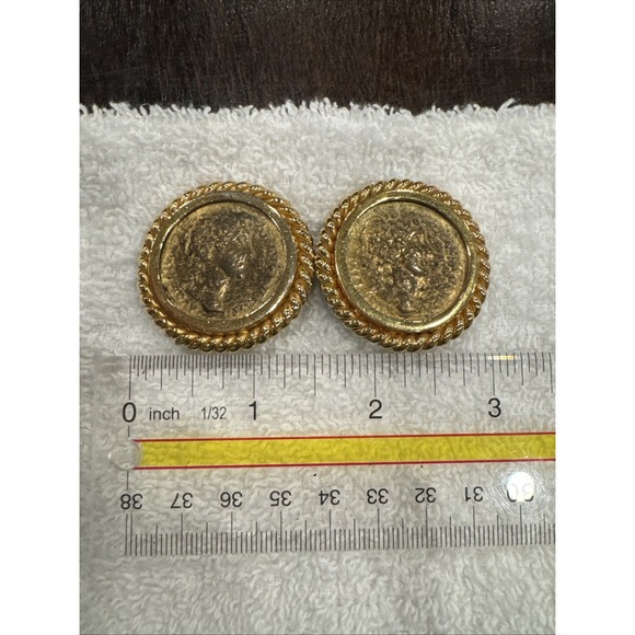 Vintage Ciner Etruscan Style‎ Roman Coin Gold Tone Clip-on Earrings